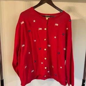 Vintage Red Button-Up Women's Cardigan with Embroidered Flags Stars Flowers 4X